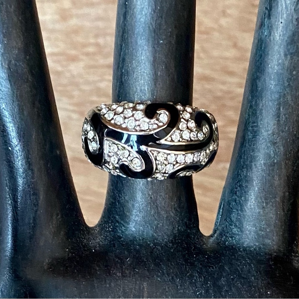 Sterling Silver Ring Paved CZ & Black Enamel SIZE 9